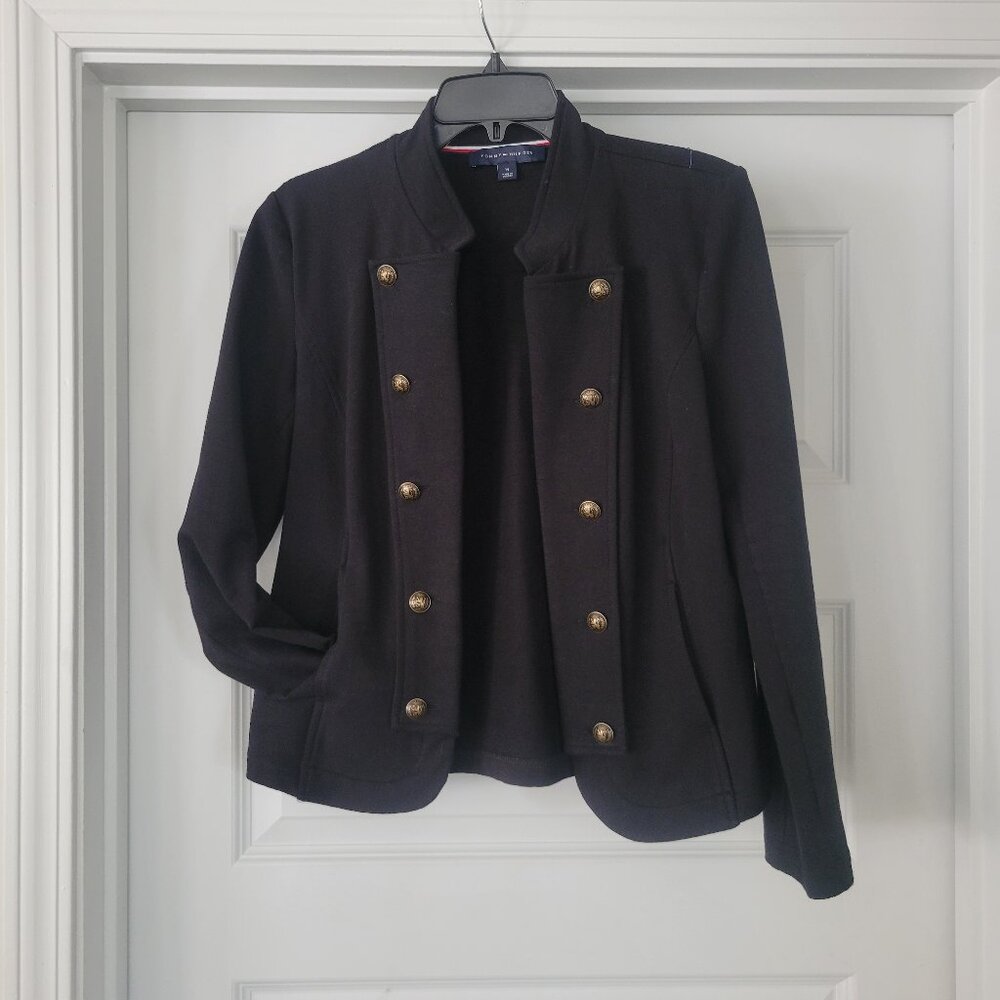 Tommy Hilfiger Blazer Jacket sz M Black French Terry Military Band Gold Buttons